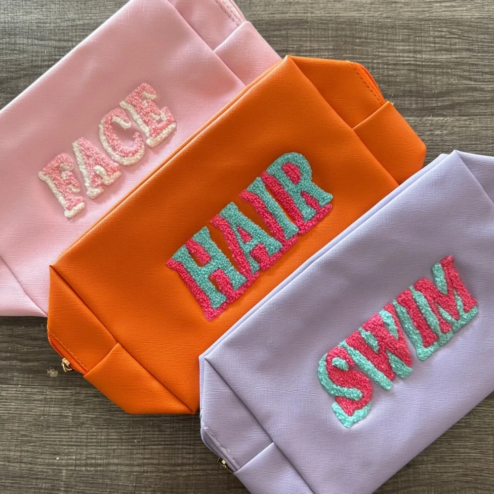 Preppy Travel Makeup Pouch Set of 3 | Face Hair Swim Chenille Cosmetic Bags